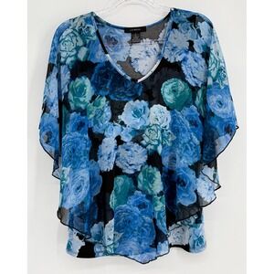Liz McCoy Blue Floral Layered V-Neck Flutter Sleeve Blouse Top Sz M